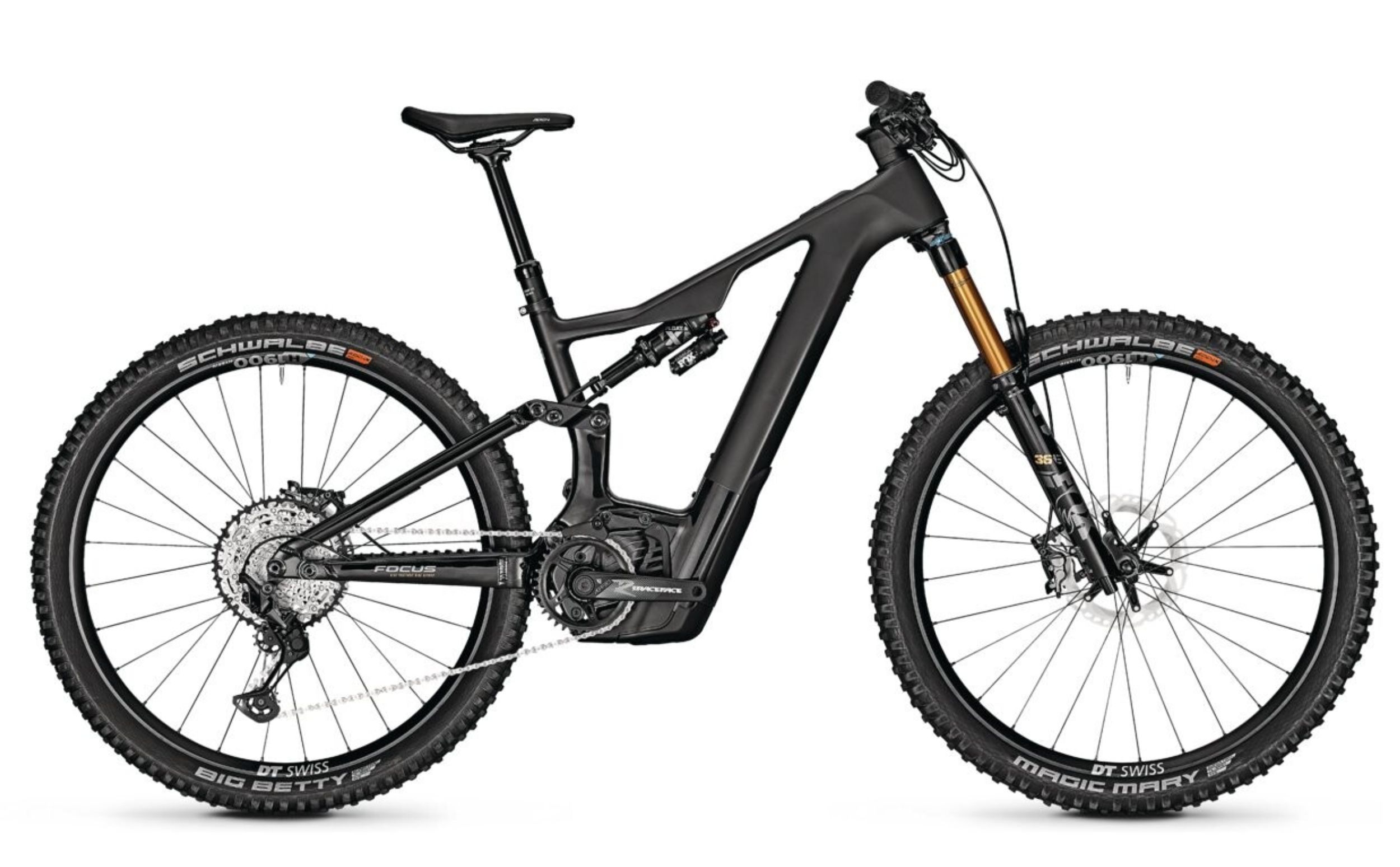 Seitenansicht des Focus Jam² 8.0 E-Mountainbikes mit Bosch Performance CX Motor und 750 Wh Akku in schwarzem Design.