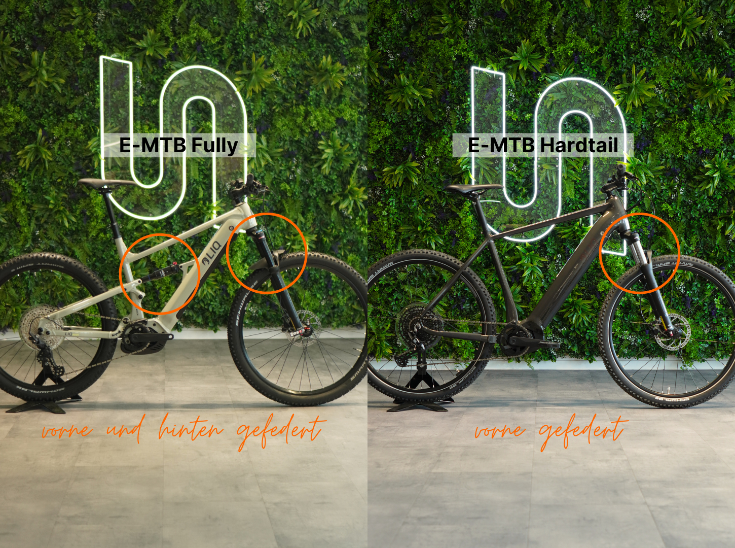 Gegenüberstellung-E-MTB-Fully-vs Zwei EMountainbike Fotos Links EMTB Fully mit vorne und hinten Federung und rechts ein EMTB Hardtail nur vorne gefedert