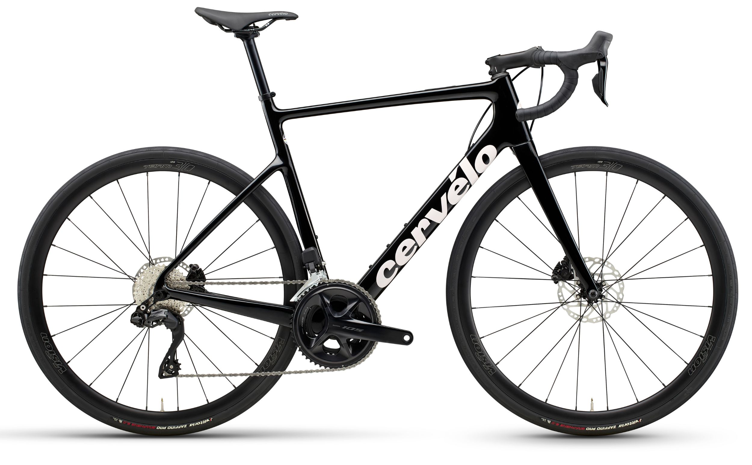 Cervélo Caledonia dérailleur électronique Shimano 105 Di2 Cervélo Caledonia 105 Di2 schwarz mit weißer Schrift Seitenansicht rechts