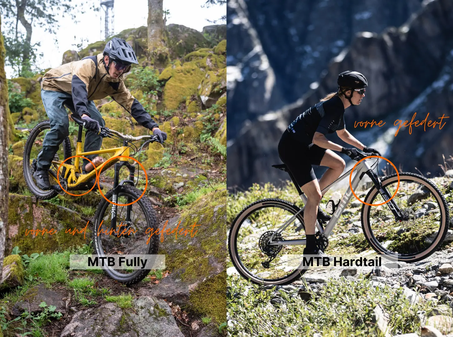 Gegenüberstellung MTB Hardtail vs MTB Fully_Uphill vorne gefedert_Downhill vorne und hinten gefedert Links fährt ein MTB Fully Fahrer Downhill mit eingekreister Gabel und Dämpfer und rechts fährt eine MTB Hardtail Fahrerin den Berg hoch mit eingekreister Gabel für den Unterschied zwischen den beiden Modellen